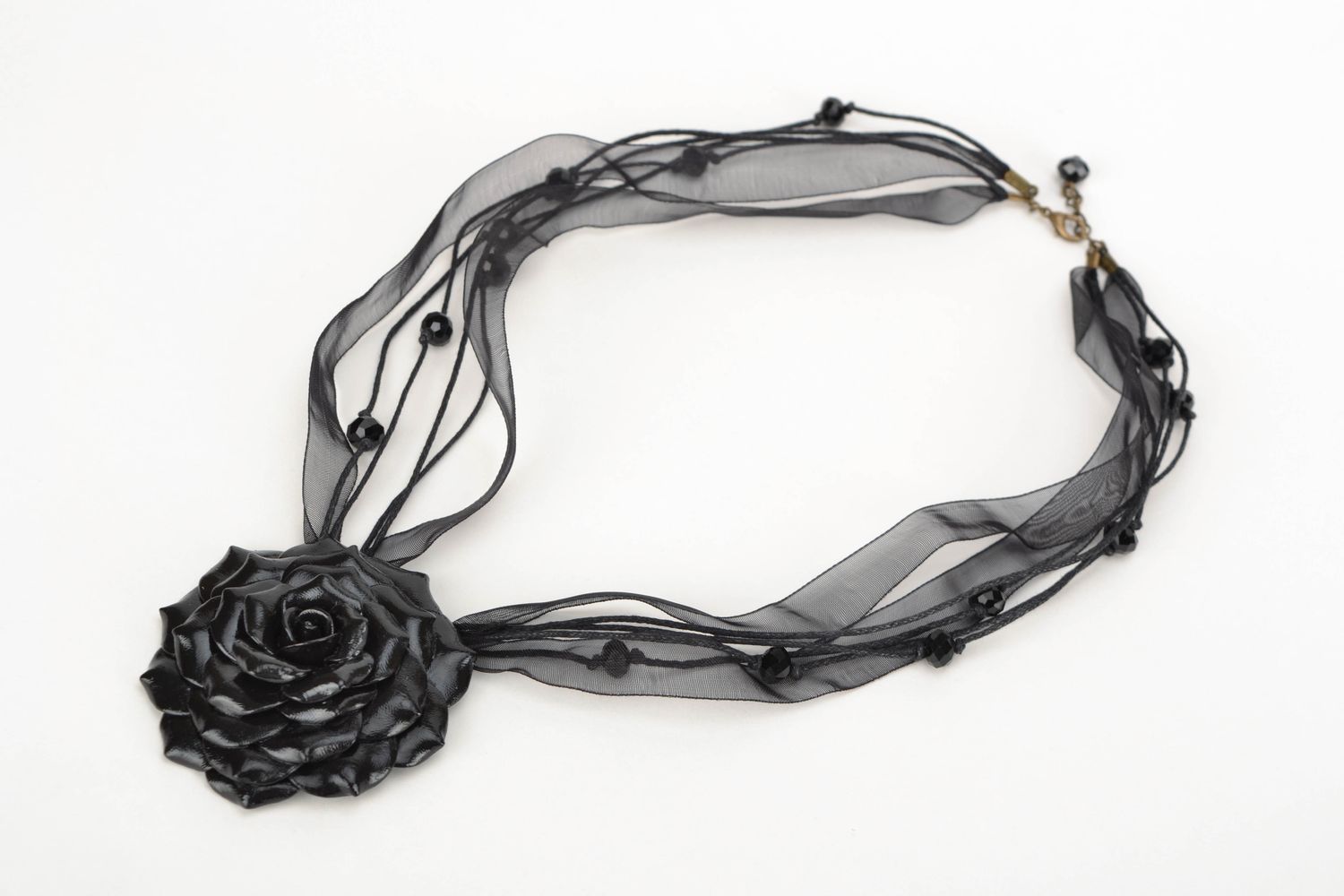 Polymer clay neck pendant with organza Black Rose photo 3