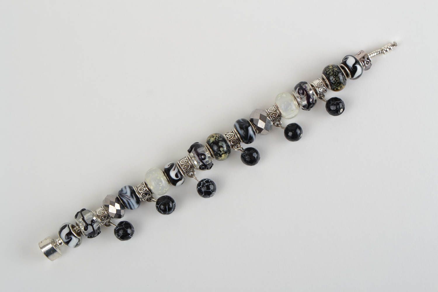 Handmade black and white glass and agate beads wrist bracelet designer women's  photo 3