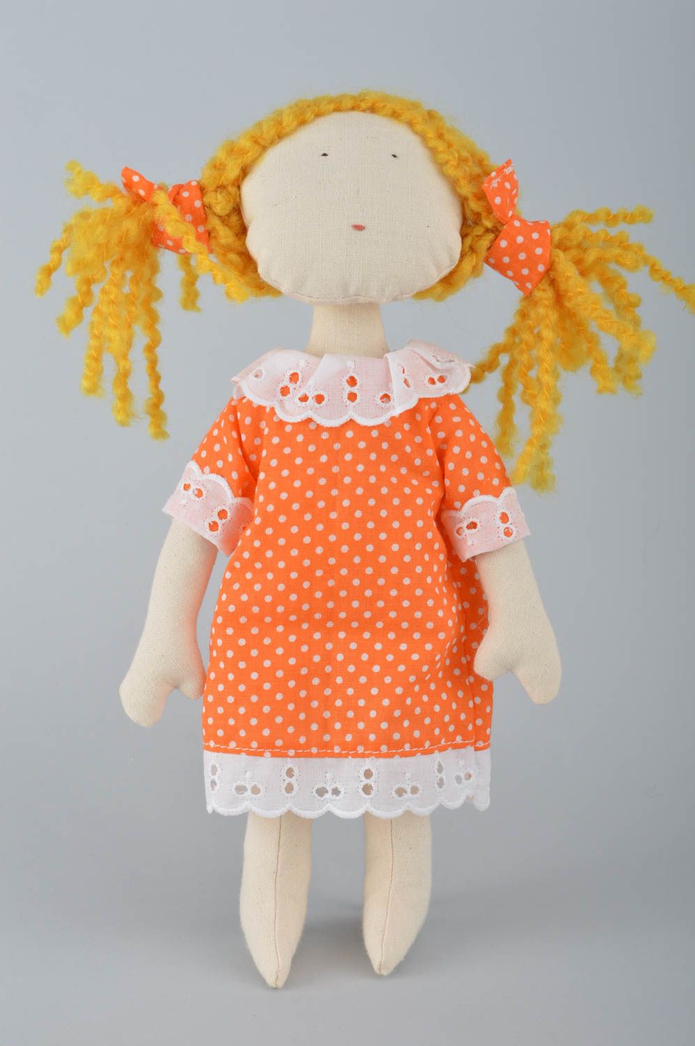 Handmade beautiful small with ginger hair cute toy doll made of fabric photo 2