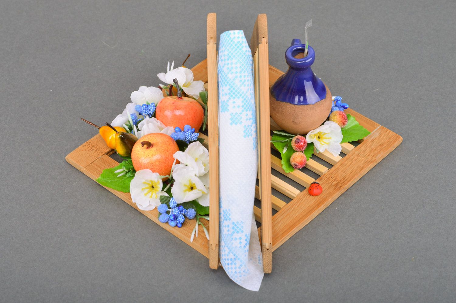 Handmade decorative wooden napkin holder with clay jug kitchen set photo 2