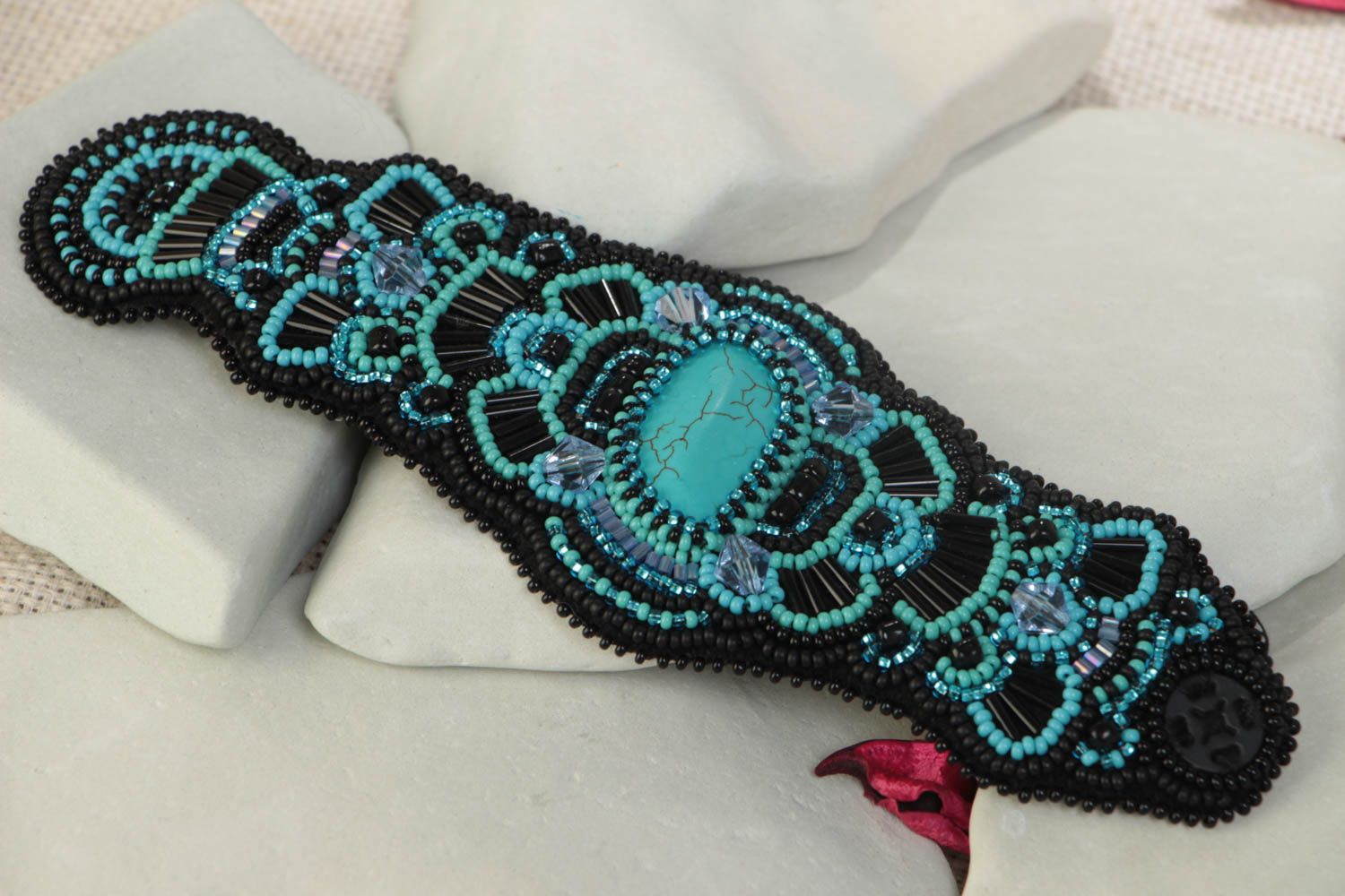 Handmade black wide wrist bracelet embroidered with beads and faux turquoise photo 1