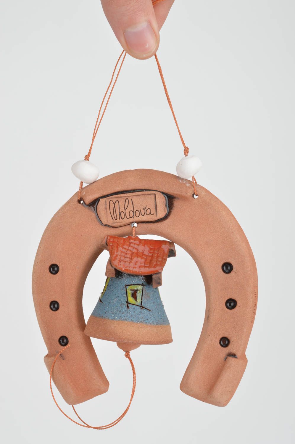 Interior clay pendant bell with a horseshoe handmade ceramic home decor photo 3