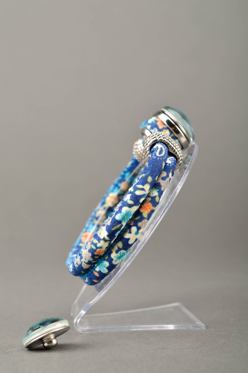 Синий браслет ручной работы авторское украшение двойной текстильный браслет фото 2