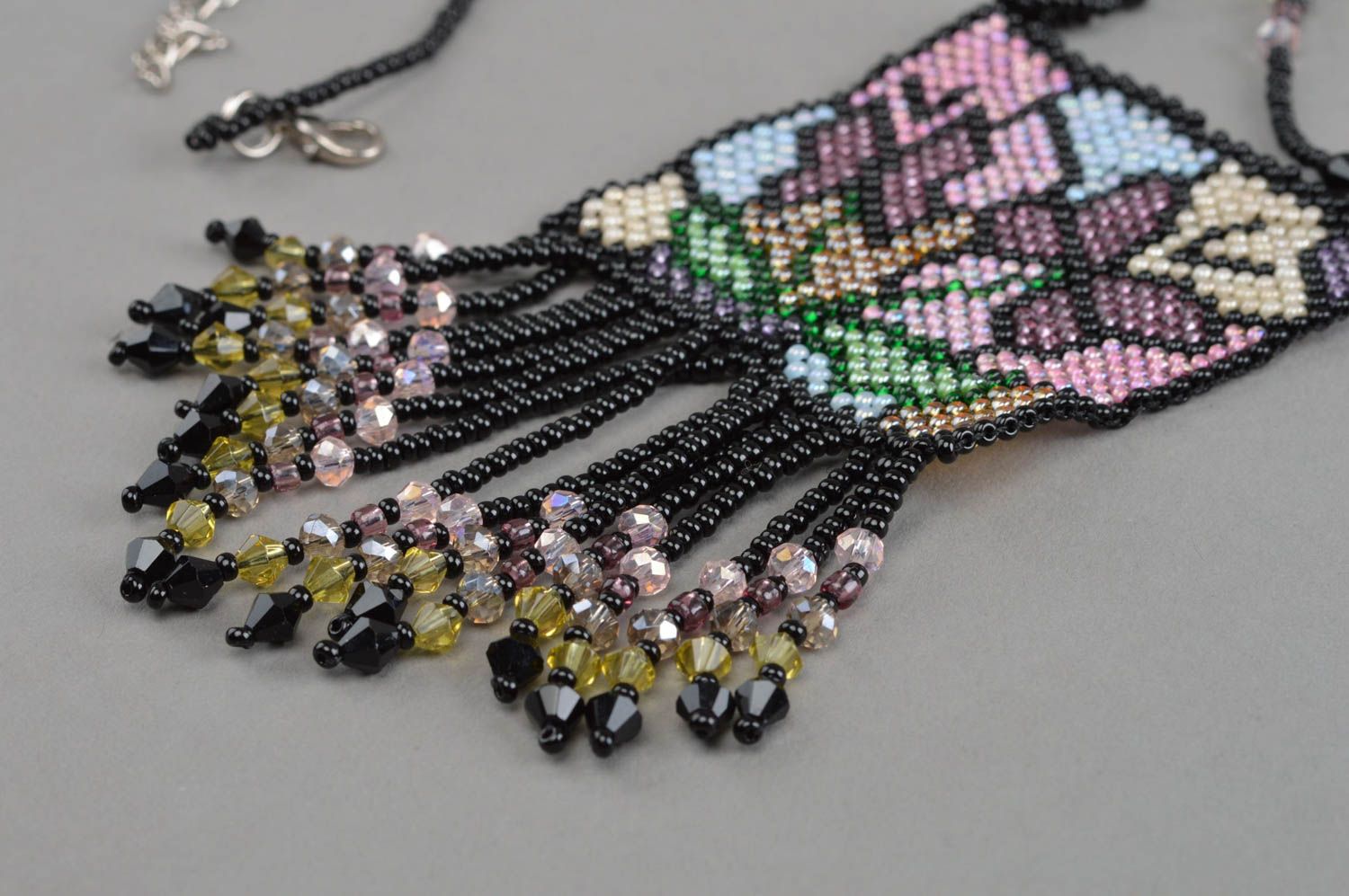 Collier en perles de rocaille avec grand pendentif multicolore fait main photo 4