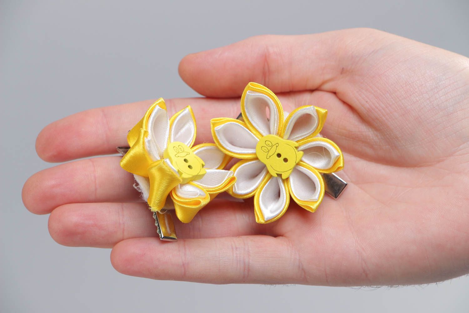 Set of handmade hairpins made using kanzashi technique in yellow color for children photo 5