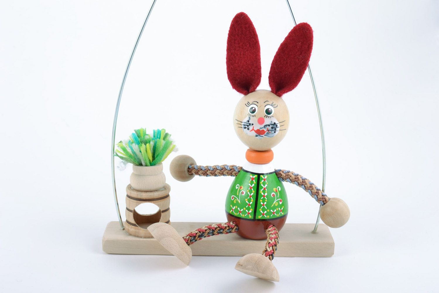 Designer small painted wooden eco toy rabbit sitting on bench handmade for kids photo 4