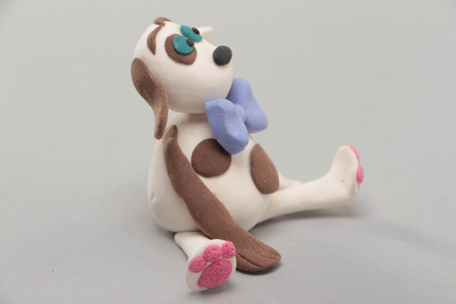 Beautiful nice handmade designer polymer clay statuette of dog with bow tie photo 3
