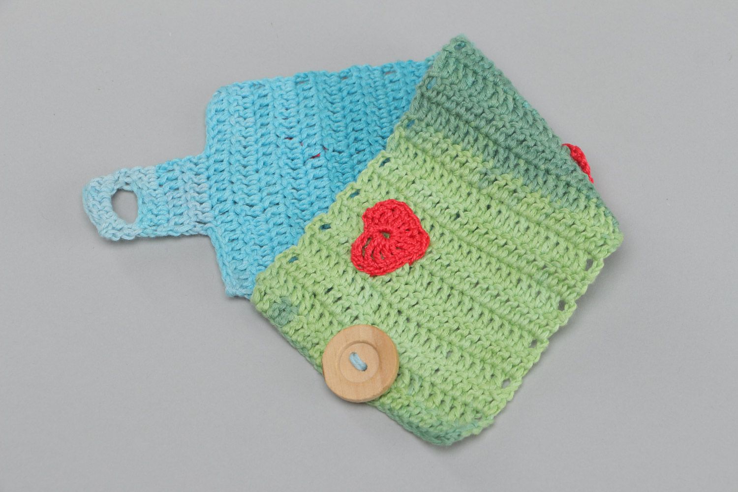 Pull pour tasse fait main tricoté au crochet vert bleu en fils de coton photo 2