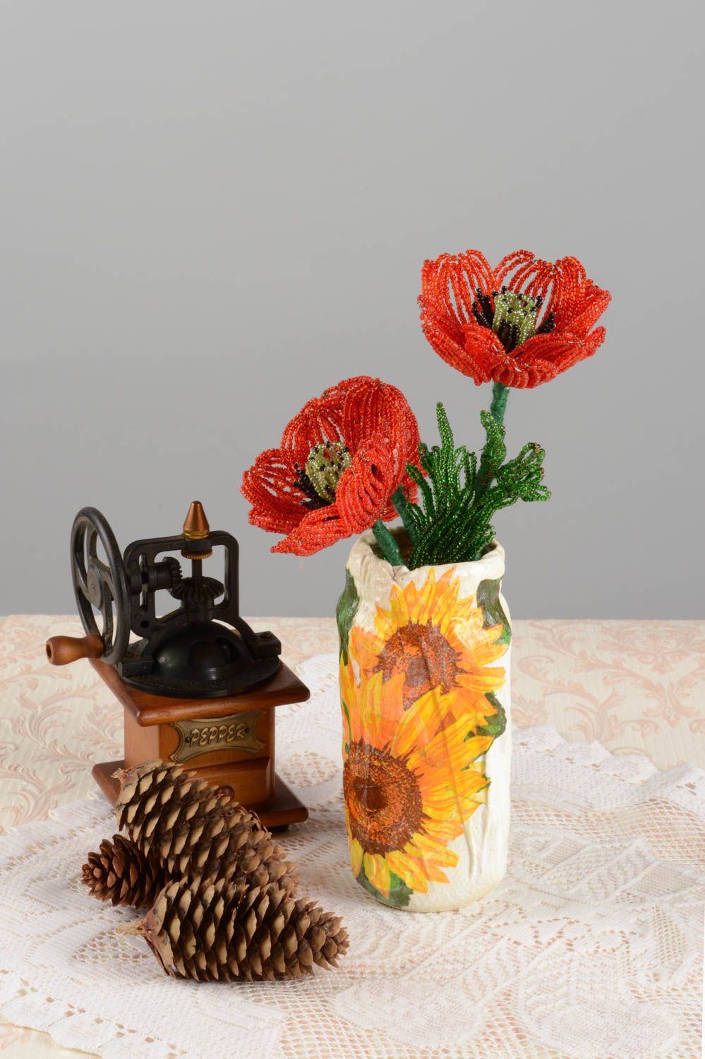 Оригинальная ваза с цветами из бисера ручной работы красивая букет маков фото 1