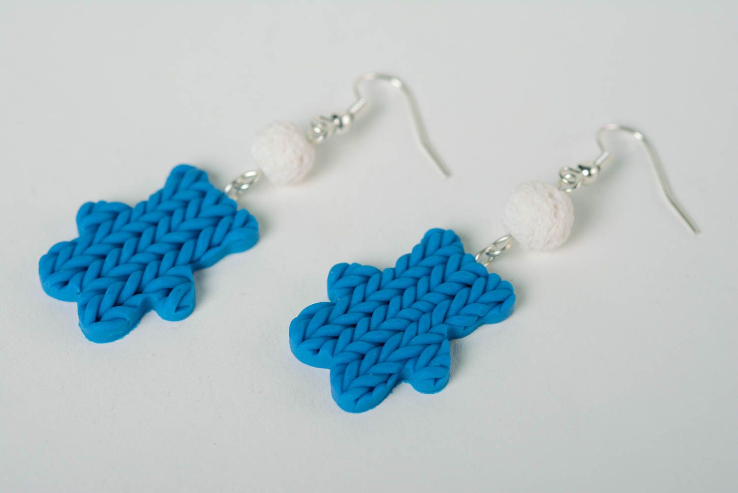 Handmade blue polymer clay dangling earrings with imitation of knitting Bears photo 1