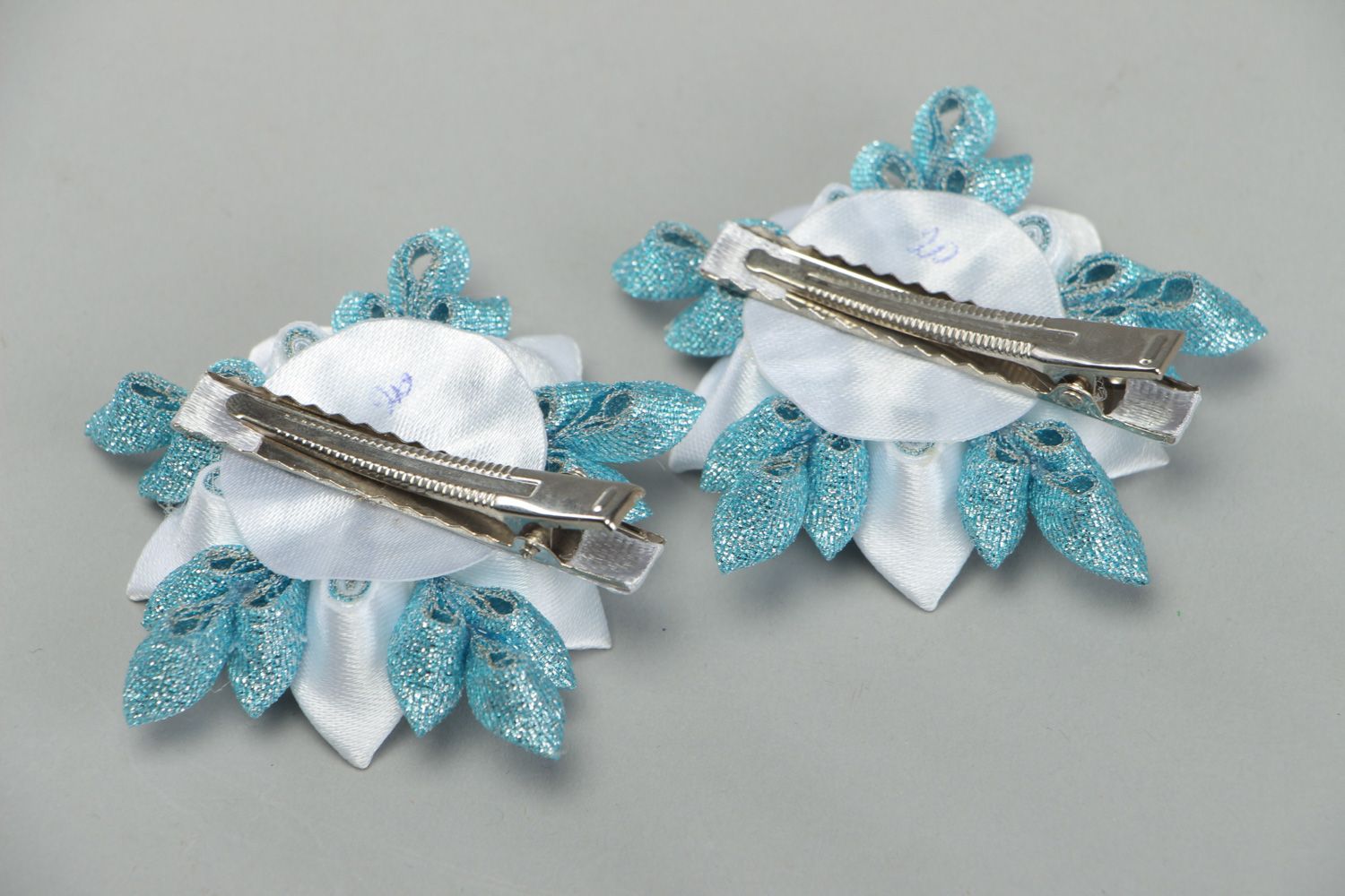 Set of handmade hair clips with satin and brocade kanzashi flowers in blue color photo 3