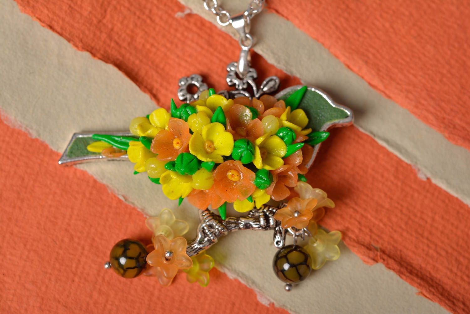 Handmade necklace with polymer clay flowers on a  metal chain photo 1