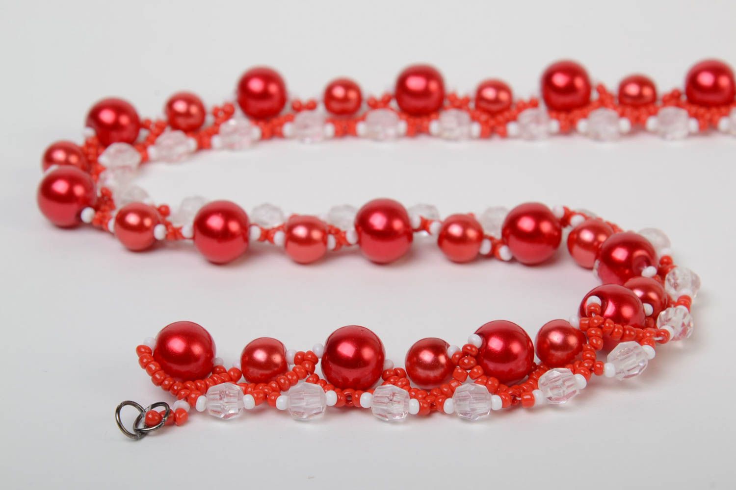 Beautiful unusual handmade red beaded necklace woven of Czech beads photo 4