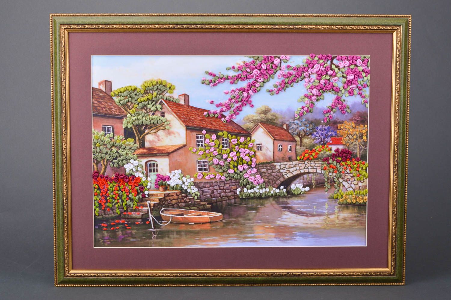 Horizontal handmade satin ribbon embroidery wall hanging in frame Landscape photo 5
