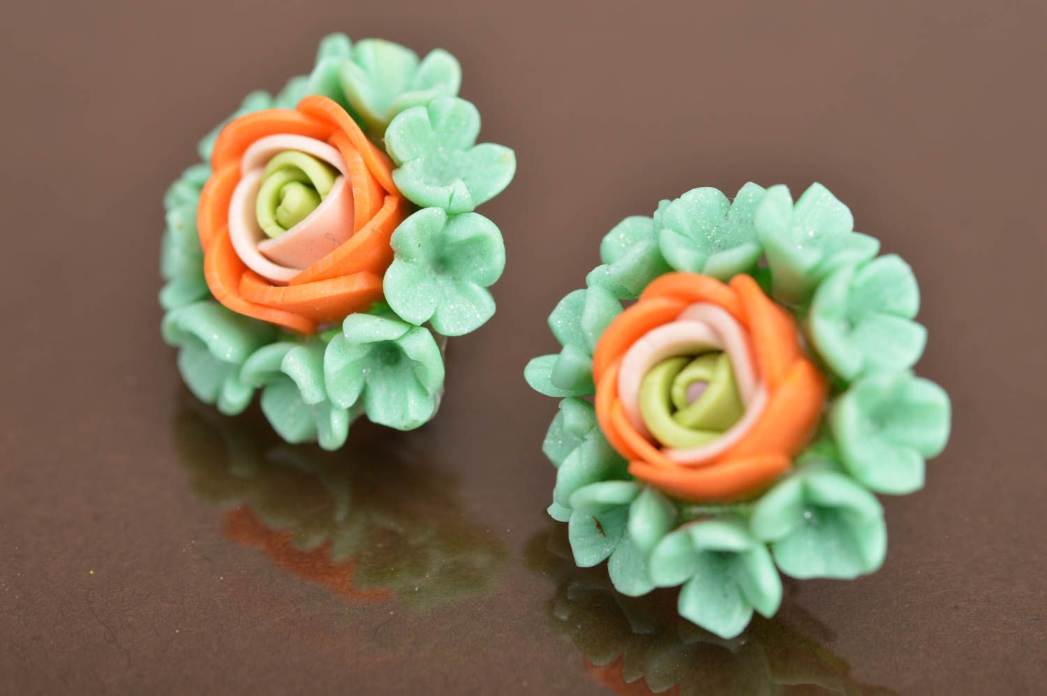 Handmade green and orange stud earrings made of polymer clay in shape of flowers photo 5