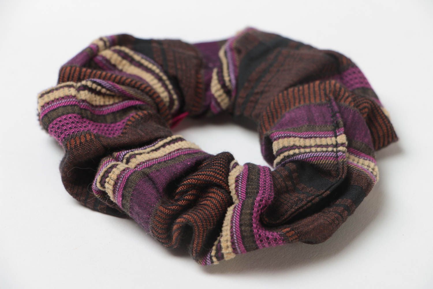 Handmade decorative elastic hair band sewn of dark striped brown fabric photo 3