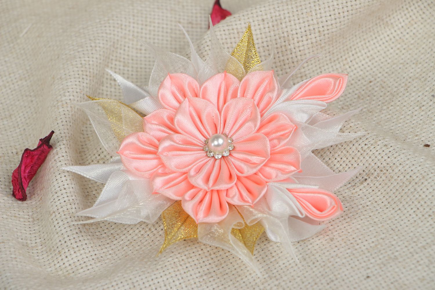 Tender handmade hair clip with satin ribbon kanzashi flower in pink color palette photo 5