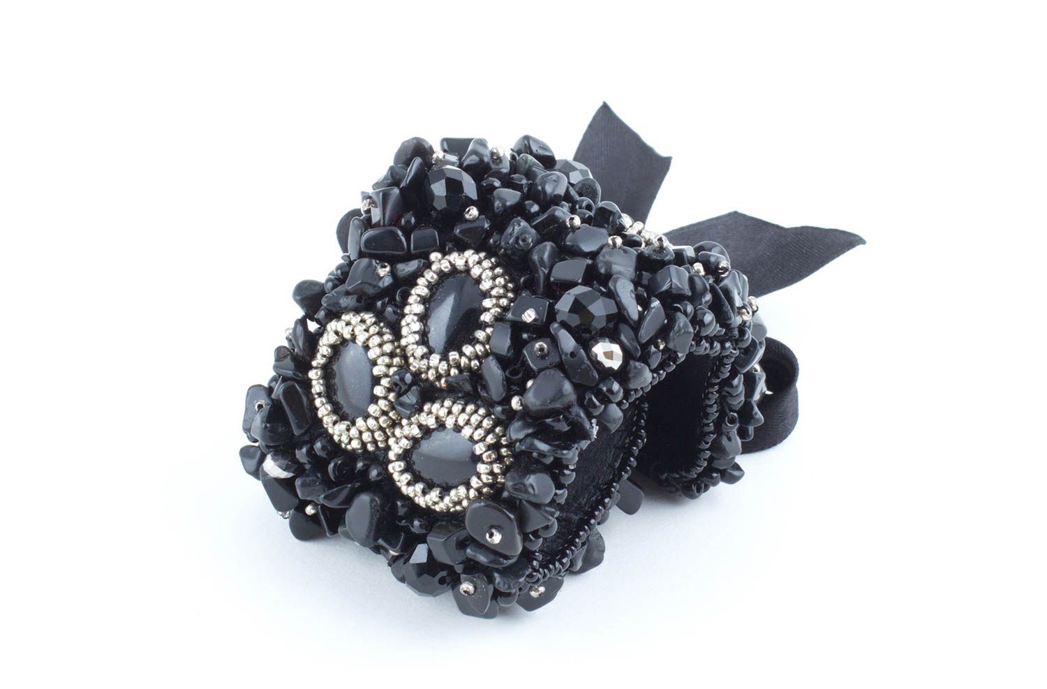 Bracelet noir Accessoire fait main large agate perles de rocaille Cadeau femme photo 5