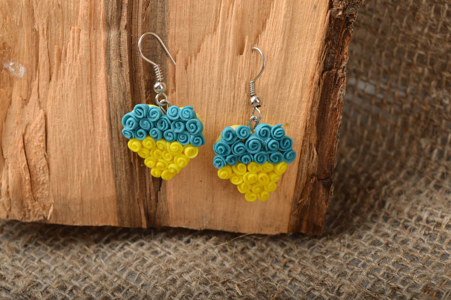Handmade unusual bright earrings made of cold porcelain in shape of heart photo 1