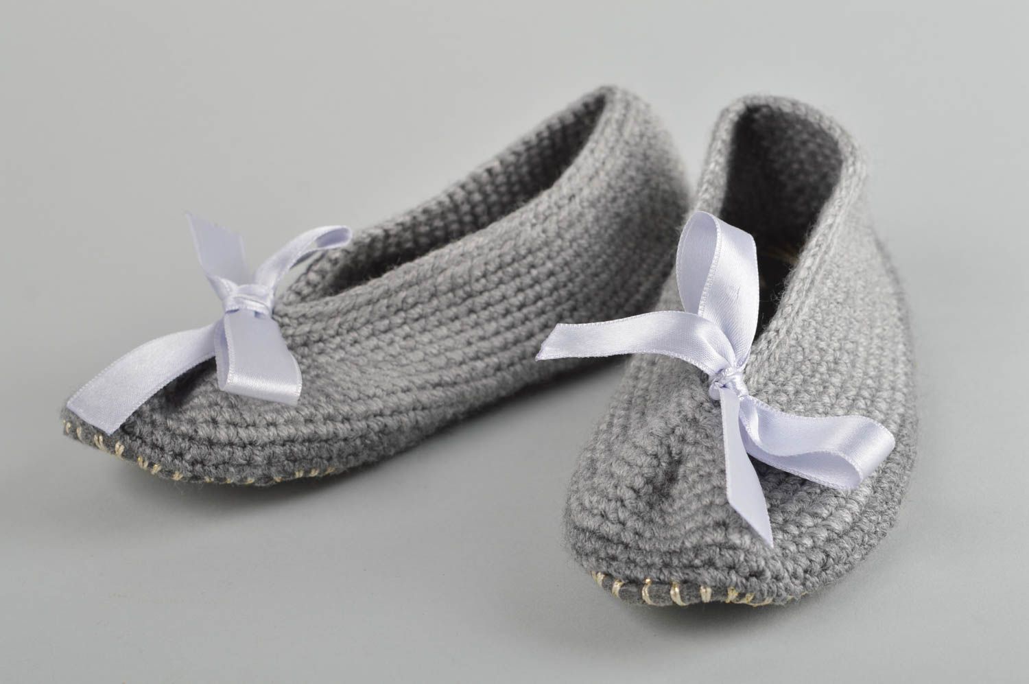 Pantoufles tricot Chaussons fait main crochet gris coton Accessoire femme photo 1