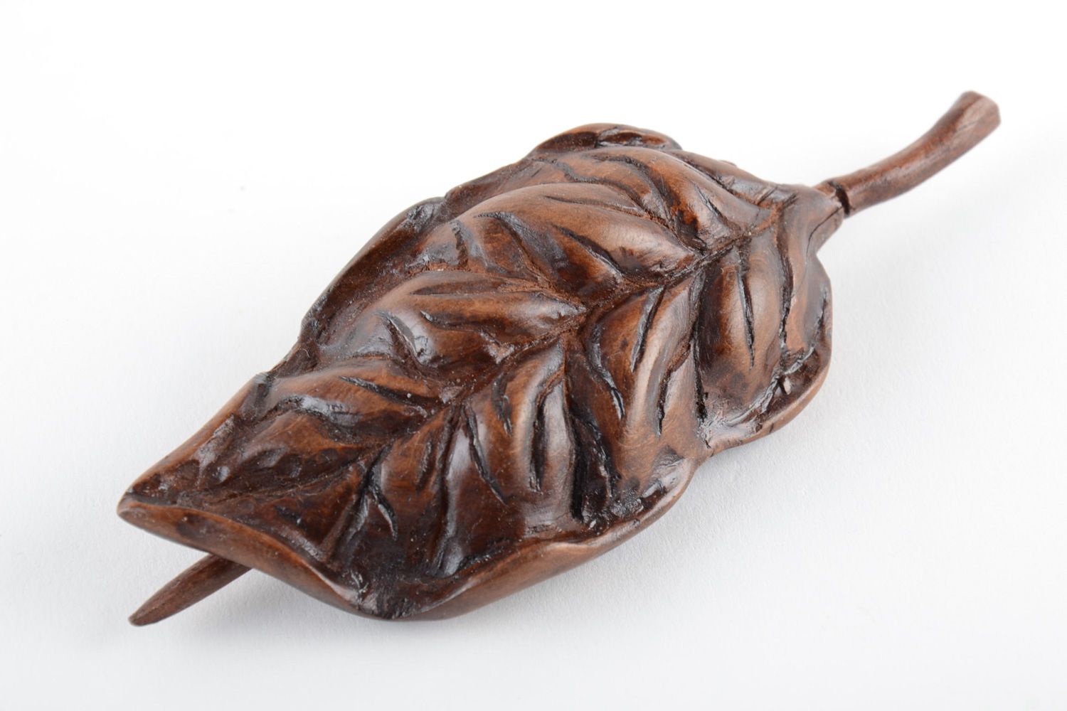Hair jewelry Beautiful dark tinted wooden hair clip in the shape of leaf with stick handmade photo 1