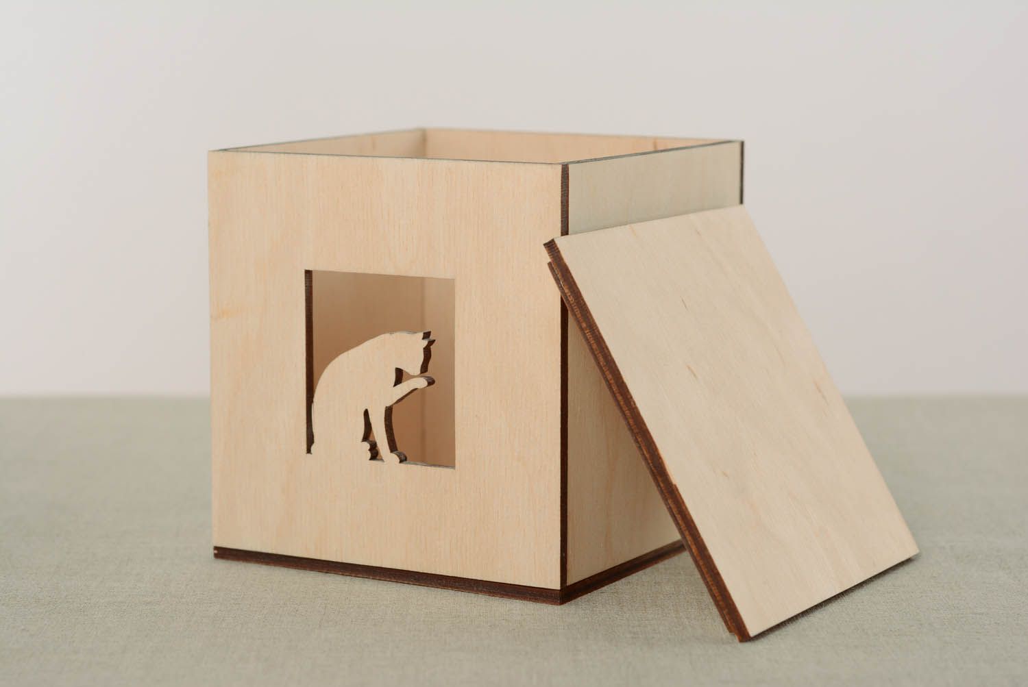 Peça para criatividade de madeira contraplacada Caixinha com gato foto 1