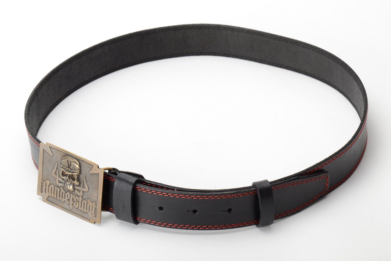 Homemade genuine leather belt with metal buckle and embossment in the shape of skull photo 4