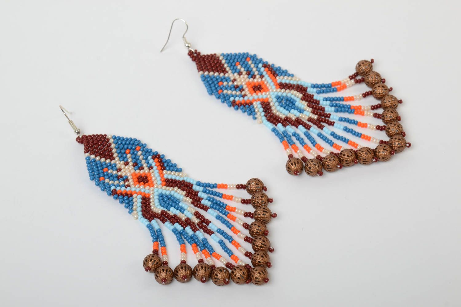 Large handmade designer long earrings with beaded fringe and ornament in ethnic style photo 2