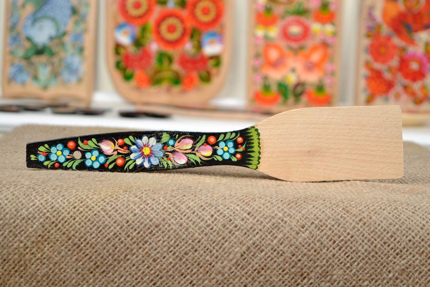 Handmade wooden spatula designer Petrykivka painting kitchen tool ethnic decor photo 1