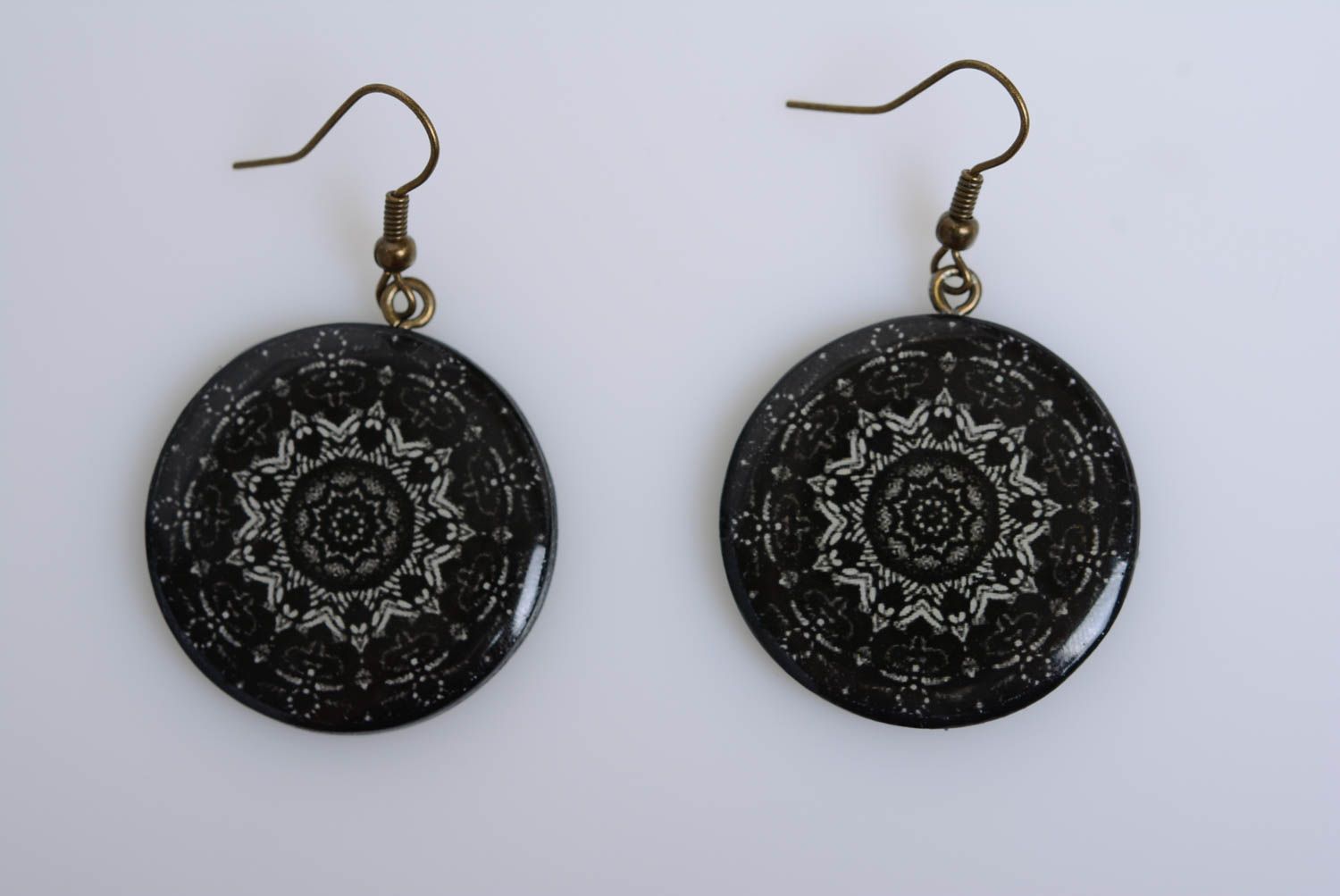 Designer earrings made of polymer clay with decoupage handmade black accessory photo 5