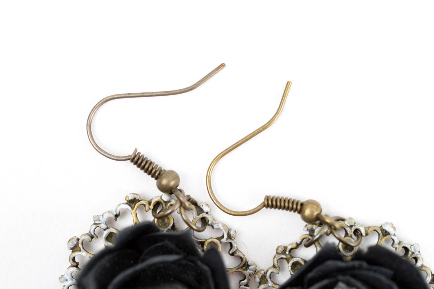 Handmade black flower earrings elegant evening accessory polymer clay jewelry photo 4