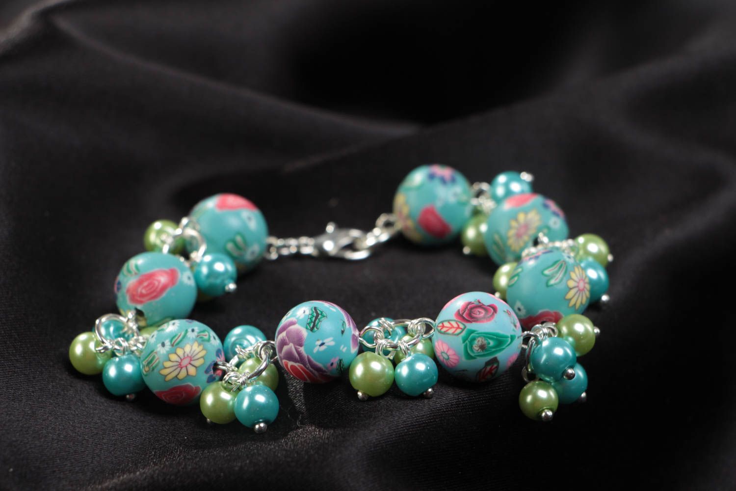 Blue handmade children's polymer clay bracelet with artificial pearls photo 1