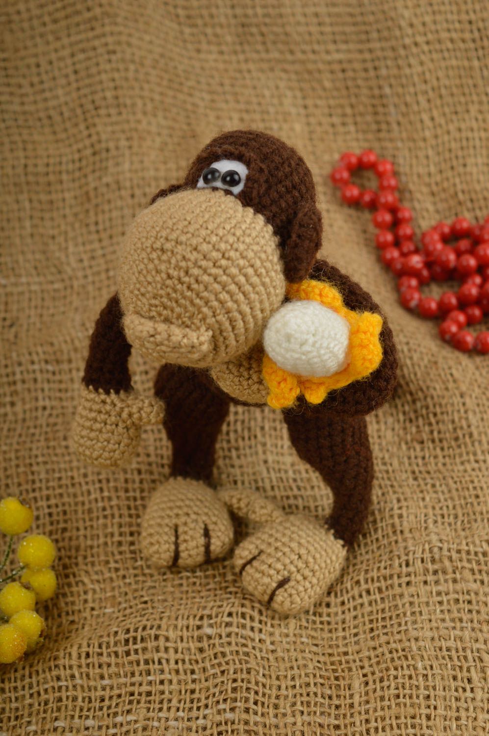 Knitted little 6 inches stuffed monkey in brown, yellow, beige colors photo 1