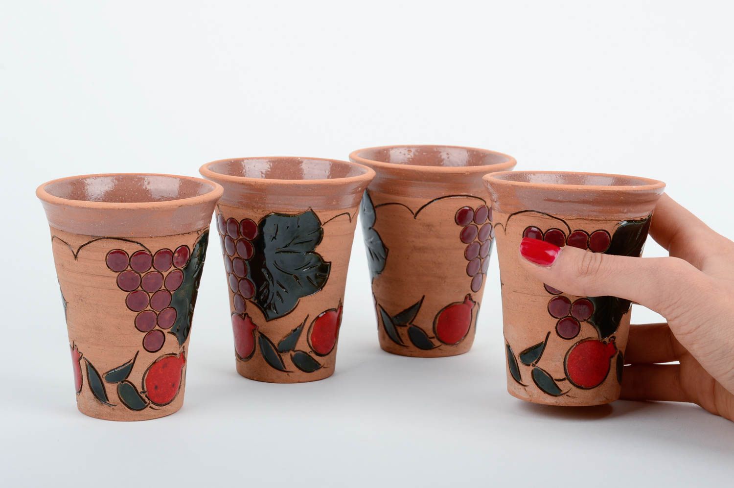 Lot de Verres à eau faits main peints originaux Vaisselle céramique 4 pièces photo 2