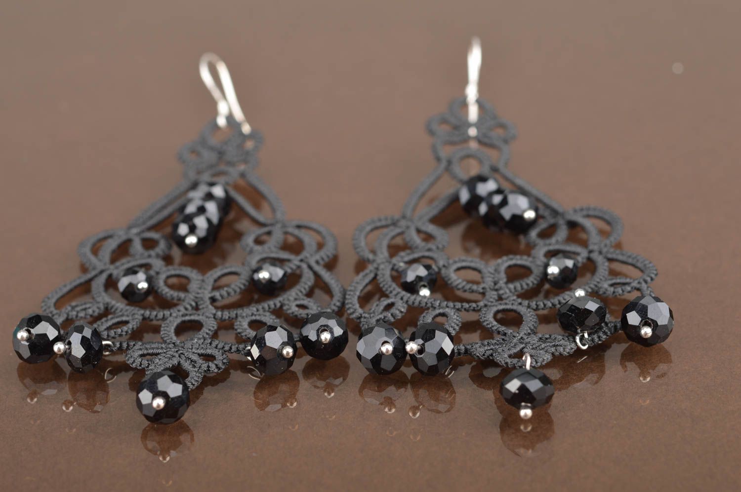 Handmade festive evening lace drop tatted black earrings with faceted crystals photo 5