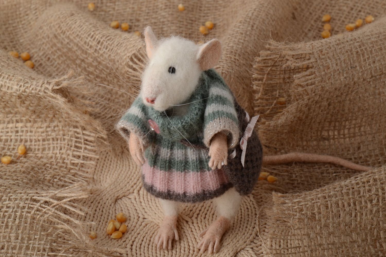 Small handmade interior soft toy felted of natural wool in the shape of mouse photo 1