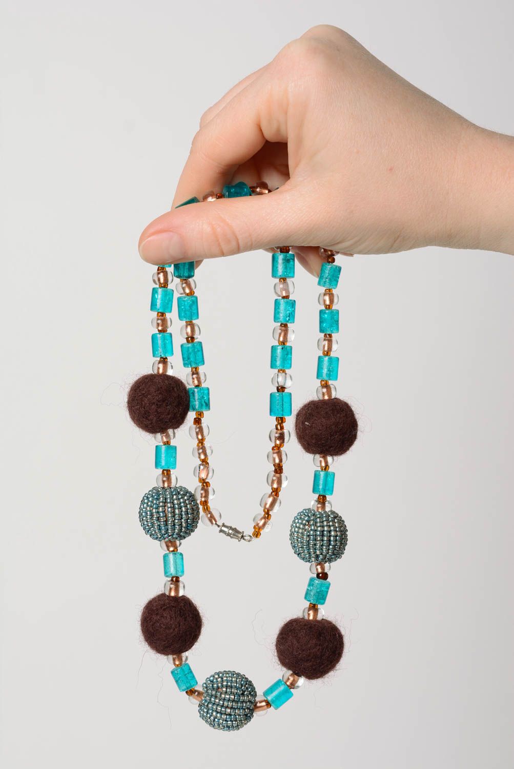 Handmade designer necklace with brown and blue balls felted of wool and seed beads photo 4