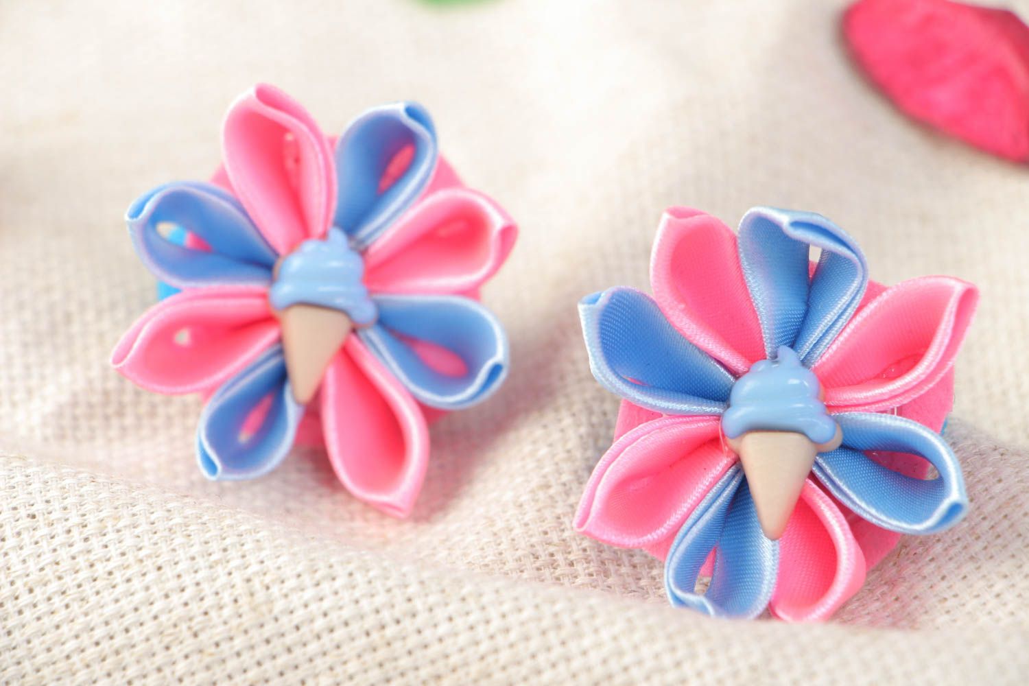Set of 2 handmade hair ties with satin ribbon flowers of pink and blue colors photo 1