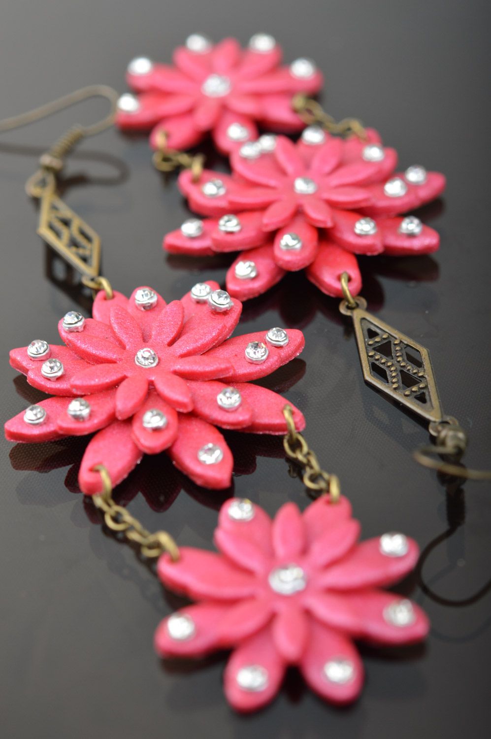 Beautiful handmade bright plastic long flower earrings Gerbera  photo 4