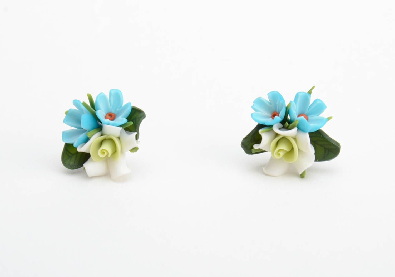 Handmade small tender stud earrings with blue polymer clay flower bouquets photo 3