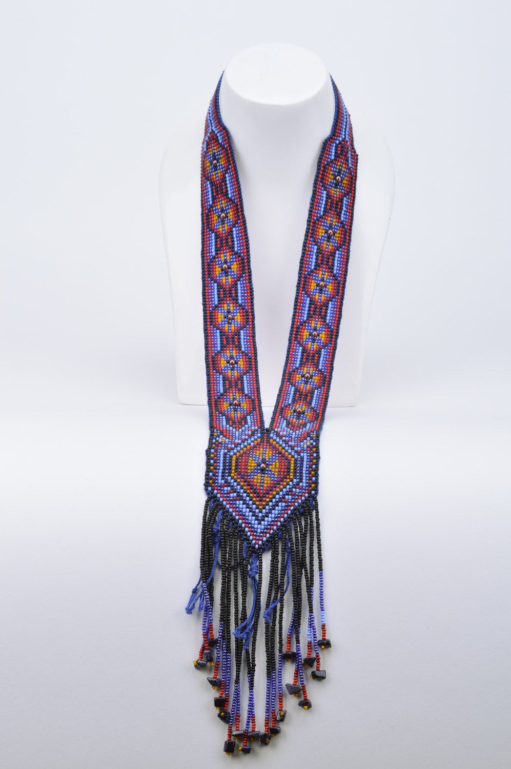 Handmade ethnic beaded necklace with fringe and ornament in blue color palette  photo 3