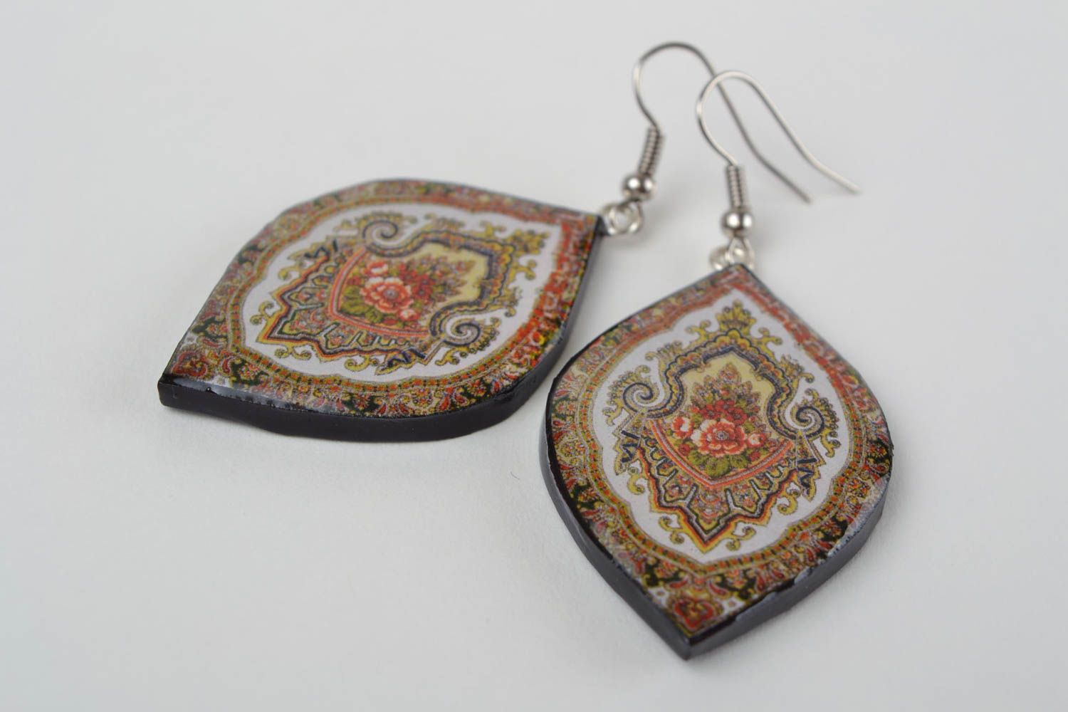 Handmade designer polymer clay dangling earrings with decoupage large ornamented photo 5