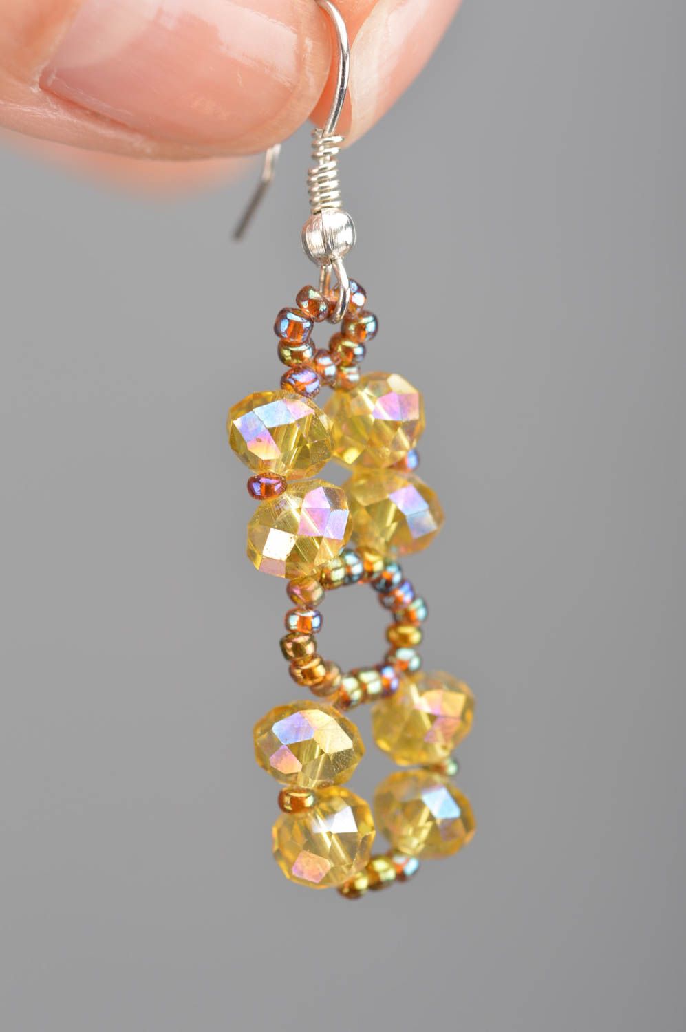 Handmade stylish yellow earrings charms made of Czech crystal and beads photo 3