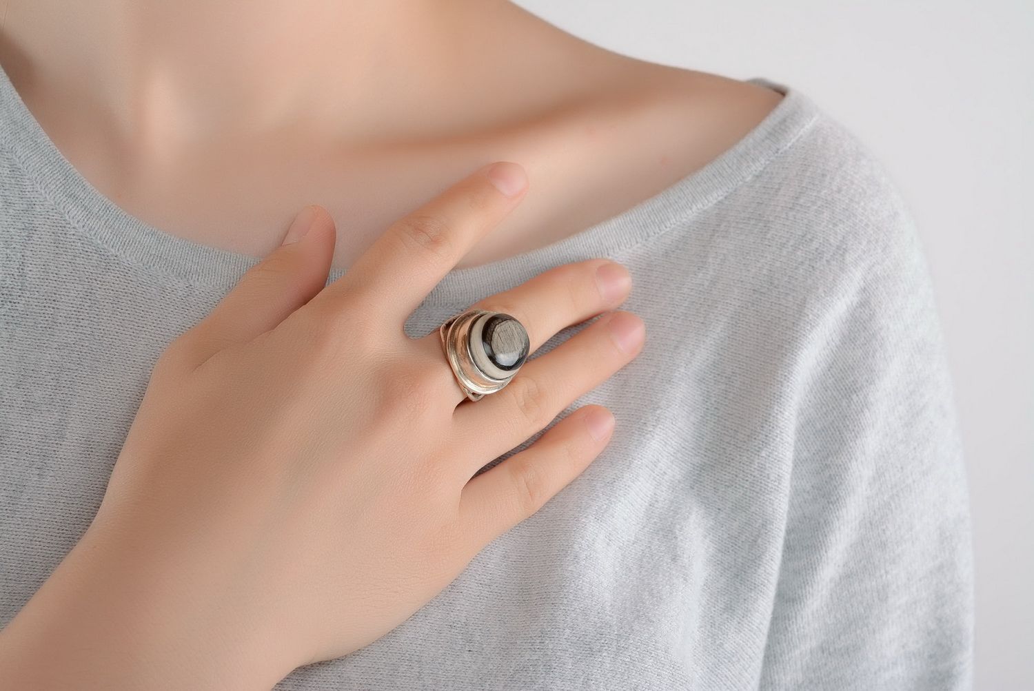 Silver ring with a natural horn photo 1