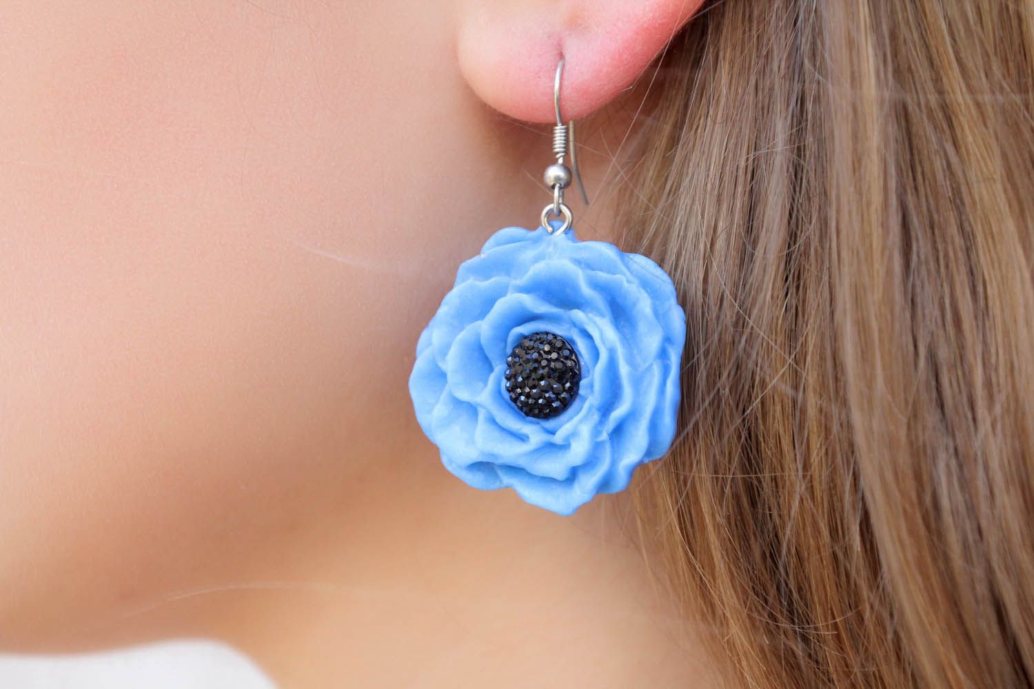 Earrings made ​​of polymer clay Blue Peony photo 1