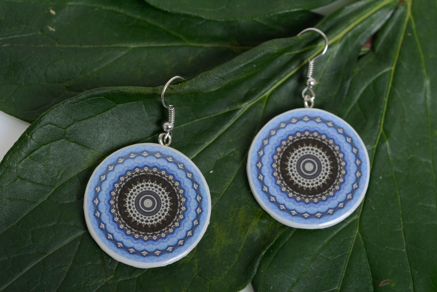 Handmade earrings made of polymer clay with ornaments lacquered blue ethnic photo 2