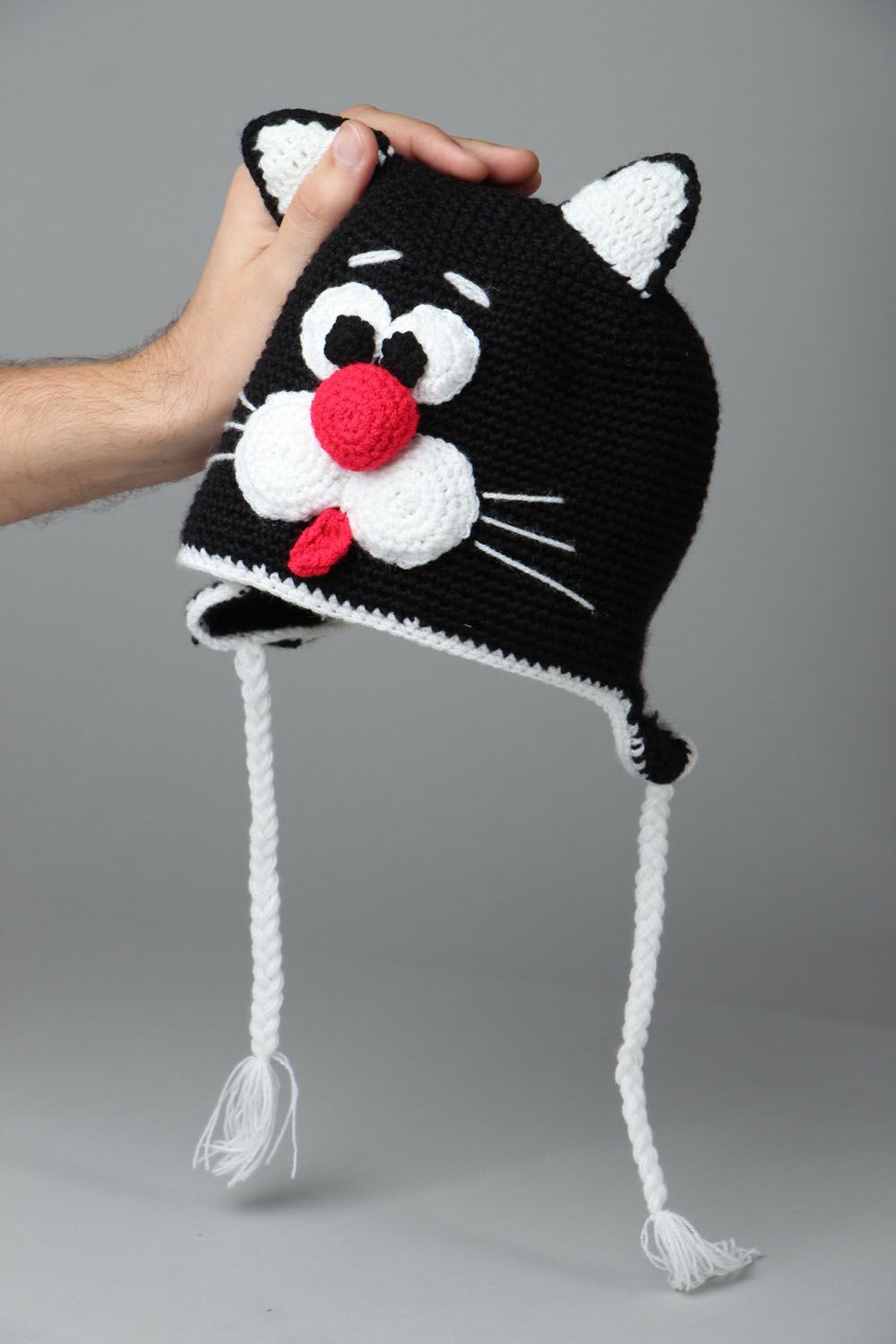 Bonnet tricoté Chat noir fait main photo 4