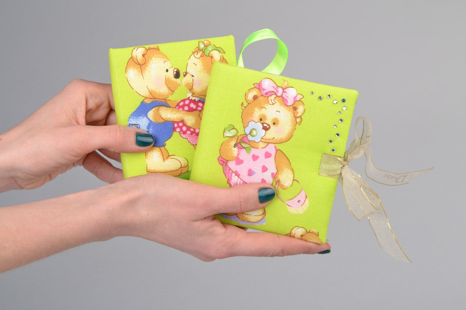 Детские блокноты набор из 2 шт с мишками зеленые на лентах милые ручная работа фото 2