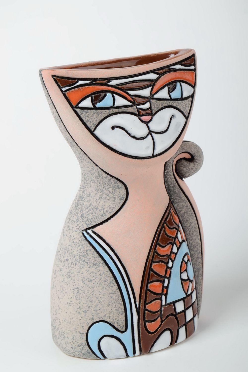 Dekorative Vase aus Ton für Tischdeko mit Bemalung Katze Künstler Handarbeit foto 2