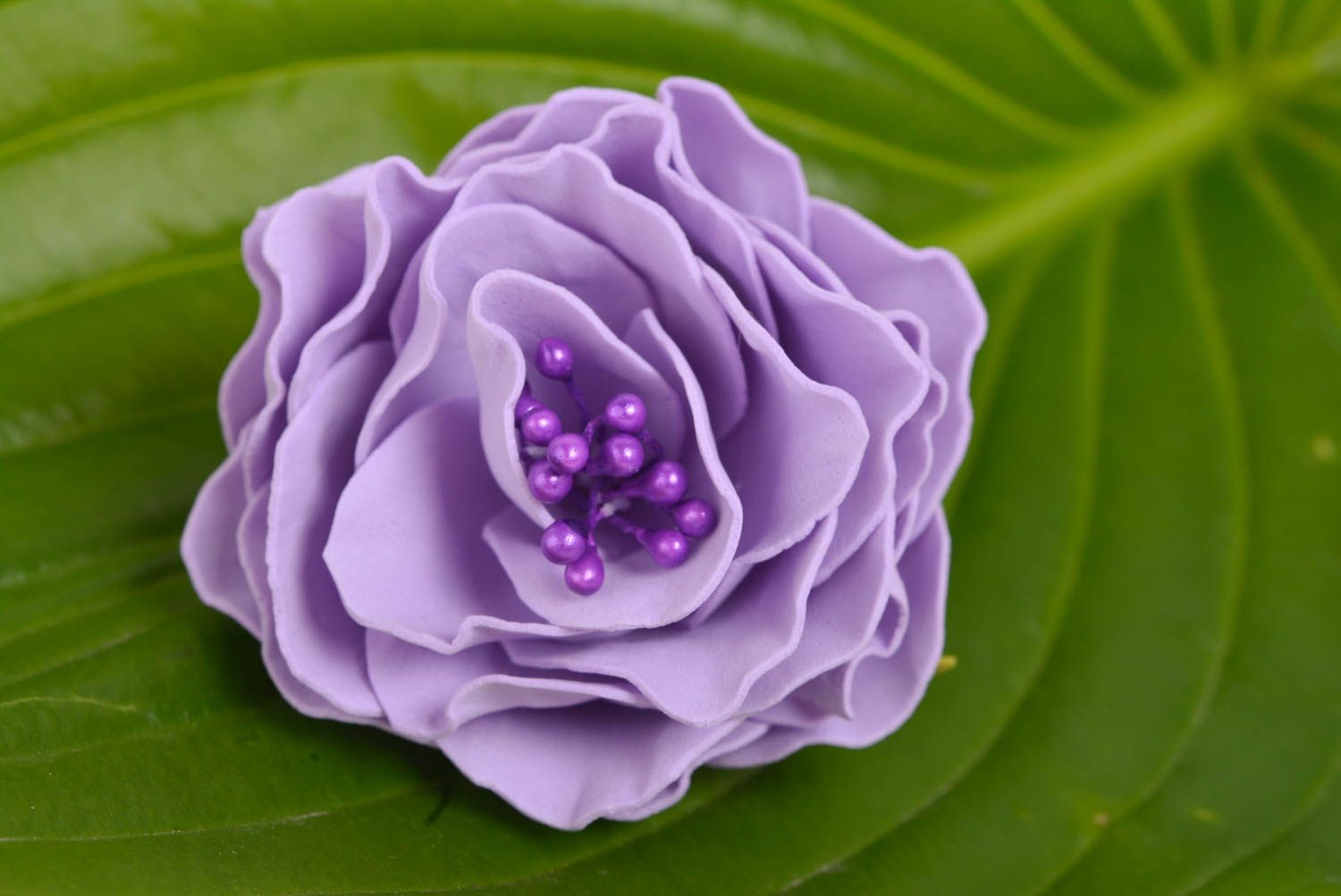 Handmade decorative hair tie with foamiran rose flower of tender violet color photo 1
